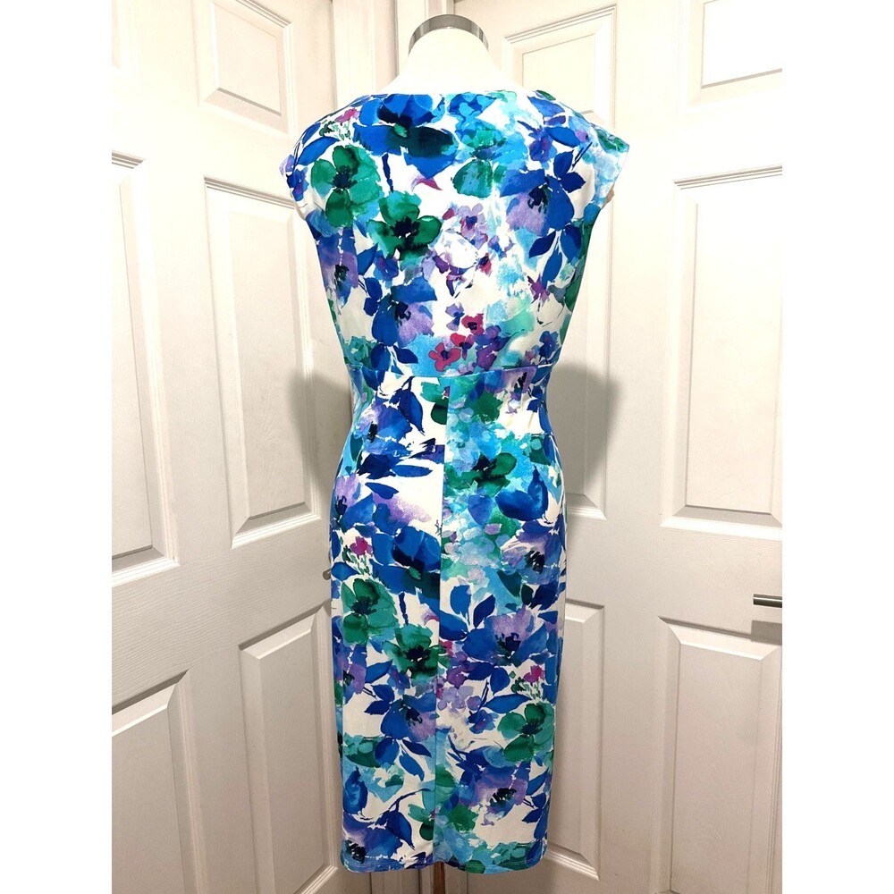 RALPH LAUREN Womens Size 12 Blue Floral Sheath Ruched Cap Sleeve Faux wrap Dress - Picture 4 of 5